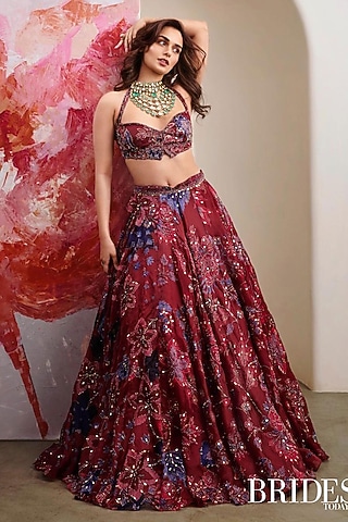 Royal Red Silk Organza Embroidered & Printed Lehenga Set by Mahima Mahajan