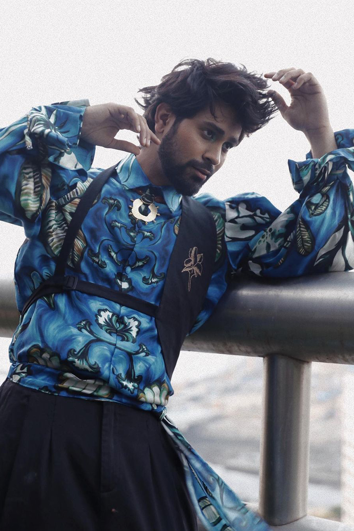 Blue Bemberg Satin Printed Shirt by Whencut Goddamn