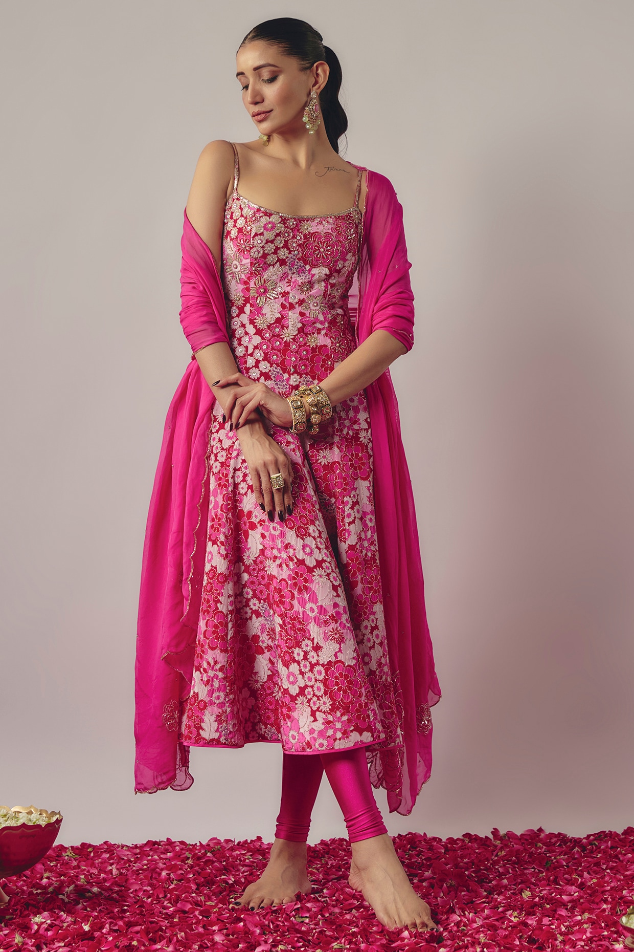 Buy Pink Georgette Printed Floral V Fit And Flare Anarkali With Dupatta For  Women by Aksh Online at Aza Fashions.