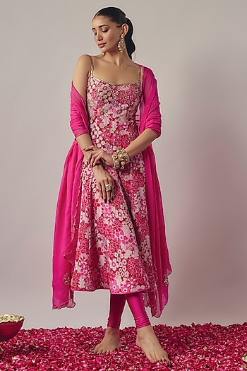 Pink Crepe Printed & Embroidered Wedding Anarkali Set by Krishna Padia at Pernia's Pop Up Shop