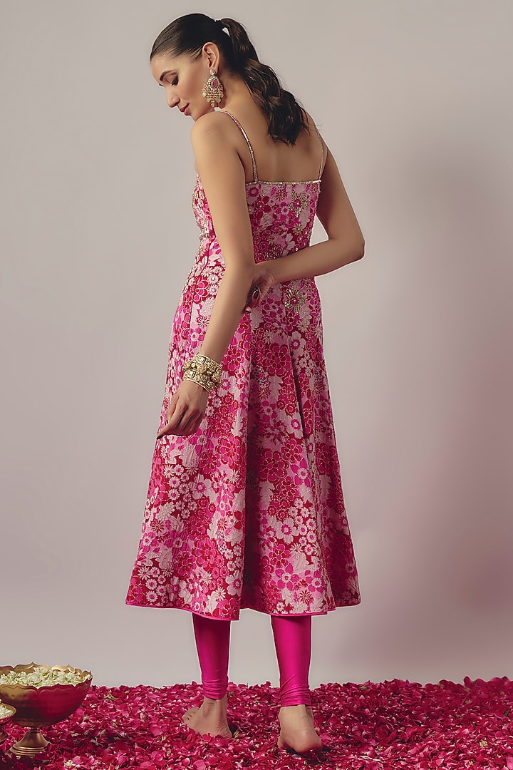 Pink Crepe Printed & Embroidered Wedding Anarkali Set by Krishna Padia at Pernia's Pop Up Shop