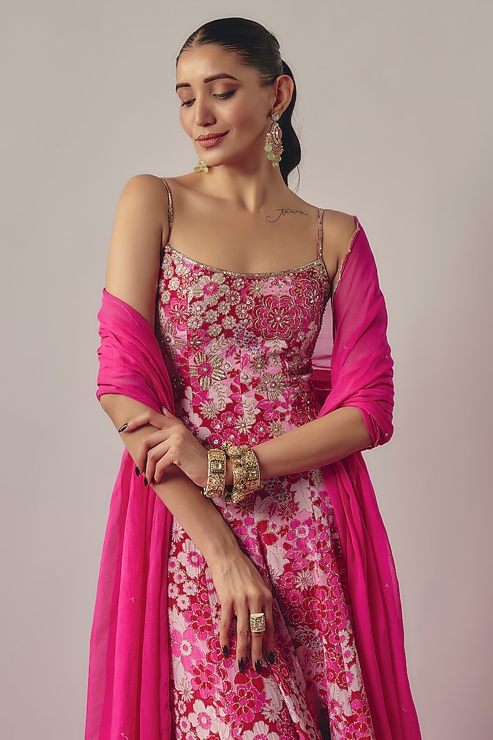 Pink Crepe Printed & Embroidered Wedding Anarkali Set by Krishna Padia at Pernia's Pop Up Shop