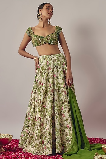 Ivory Crepe Printed Wedding Lehenga Set by Krishna Padia at Pernia's Pop Up Shop