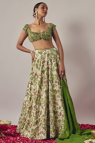 Ivory Crepe Printed Lehenga Set by Krishna Padia