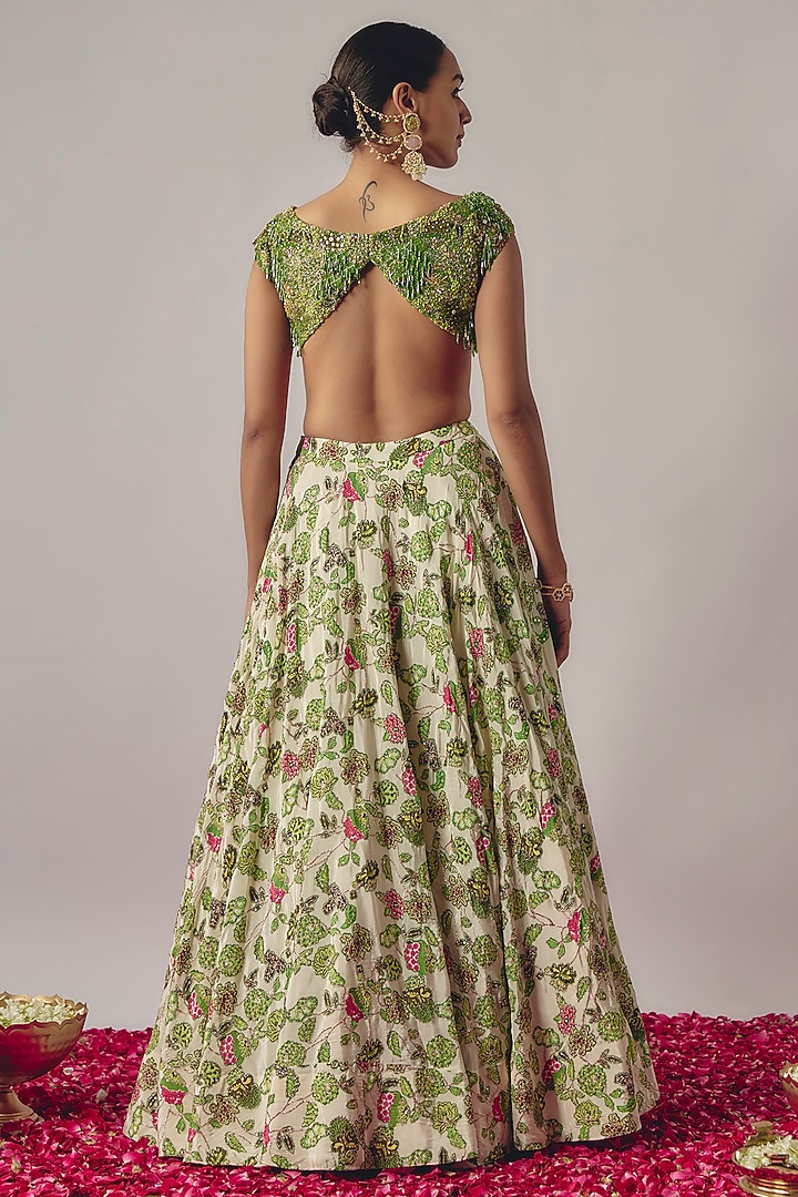 Ivory Crepe Printed Wedding Lehenga Set by Krishna Padia at Pernia's Pop Up Shop