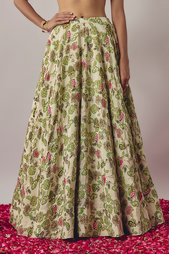 Ivory Crepe Printed Wedding Lehenga Set by Krishna Padia at Pernia's Pop Up Shop