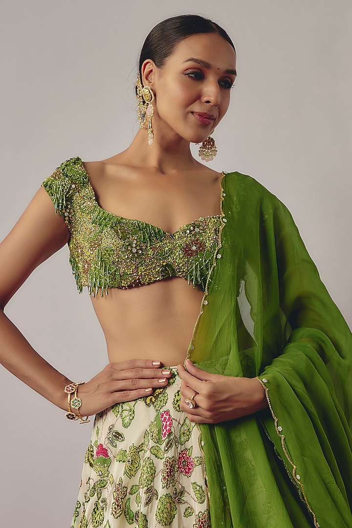 Ivory Crepe Printed Wedding Lehenga Set by Krishna Padia at Pernia's Pop Up Shop
