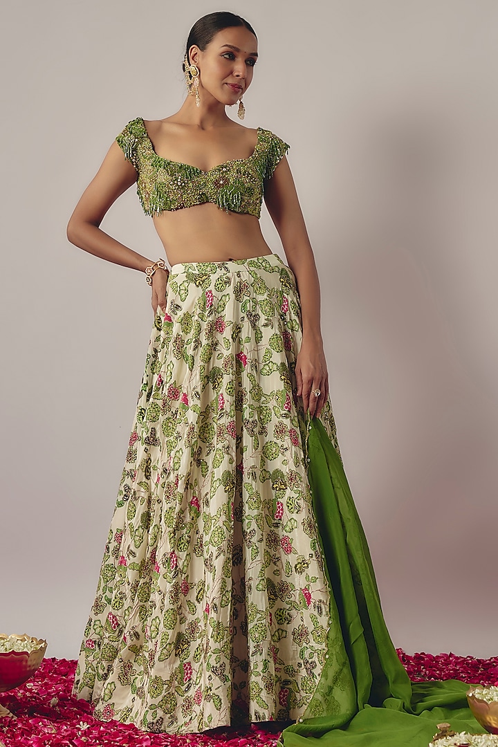 Ivory Crepe Printed Wedding Lehenga Set by Krishna Padia at Pernia's Pop Up Shop