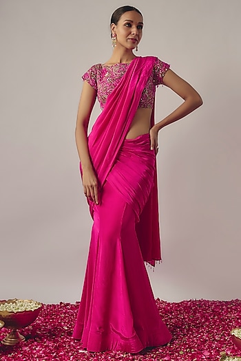 Fuchsia Pink Crepe Draped Wedding Lehenga Set by Krishna Padia at Pernia's Pop Up Shop