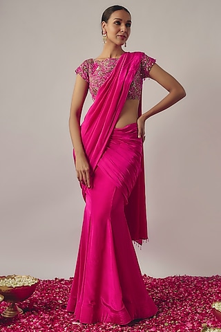 Fuchsia Pink Crepe Draped Lehenga Set by Krishna Padia