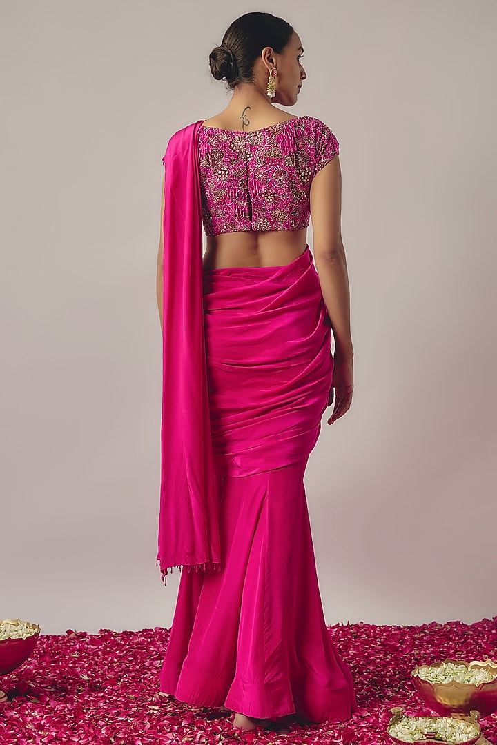 Fuchsia Pink Crepe Draped Wedding Lehenga Set by Krishna Padia at Pernia's Pop Up Shop