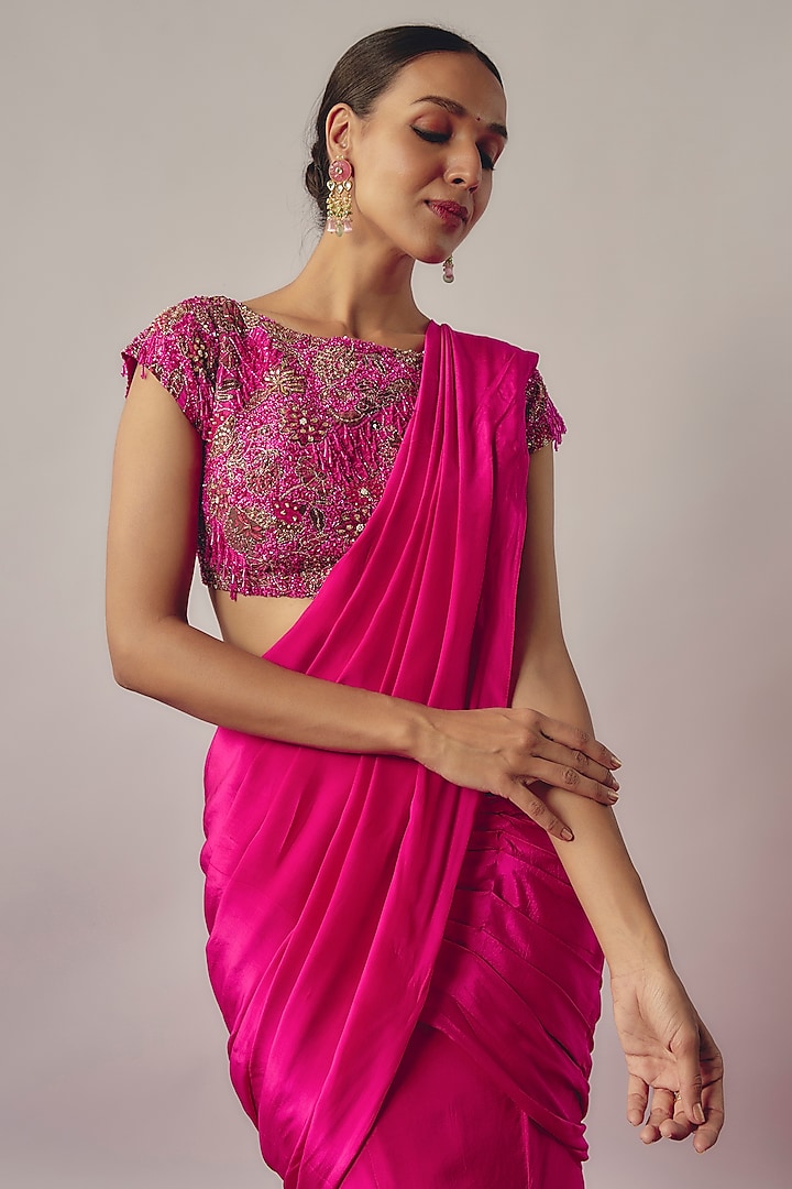 Fuchsia Pink Crepe Draped Wedding Lehenga Set by Krishna Padia at Pernia's Pop Up Shop