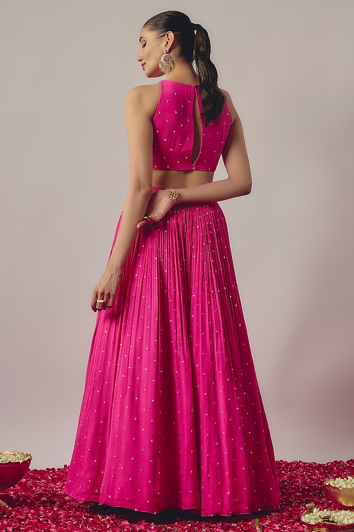 Fuchsia Pink Chinon Wedding Lehenga Set by Krishna Padia at Pernia's Pop Up Shop