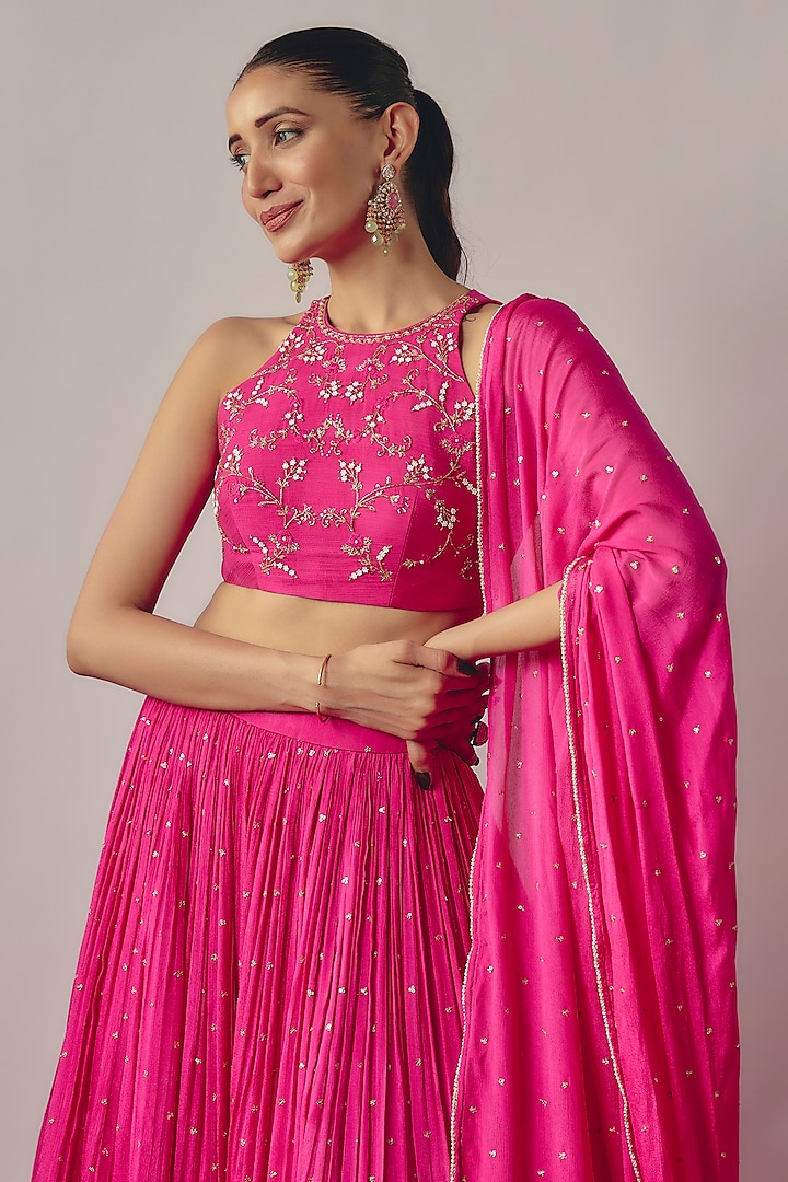 Fuchsia Pink Chinon Wedding Lehenga Set by Krishna Padia at Pernia's Pop Up Shop