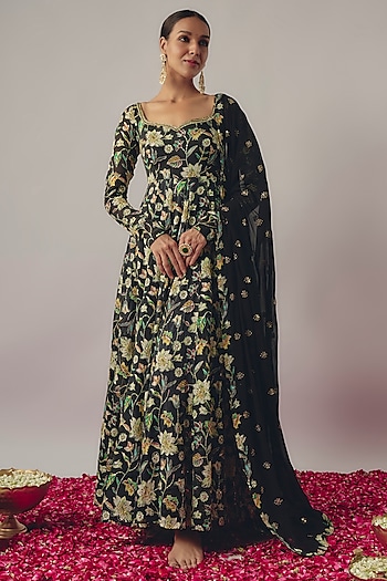Black Chinon Hand Embroidered Wedding Anarkali Set by Krishna Padia at Pernia's Pop Up Shop