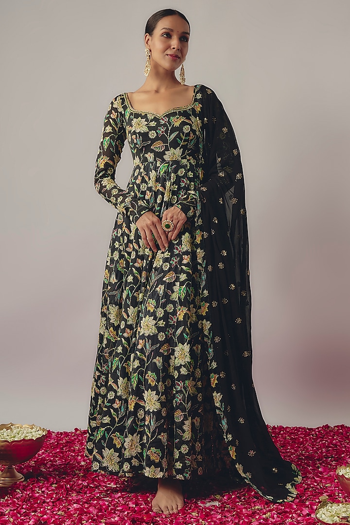 Black Chinon Hand Embroidered Anarkali Set by WILDFLOWER BY KRISHNA