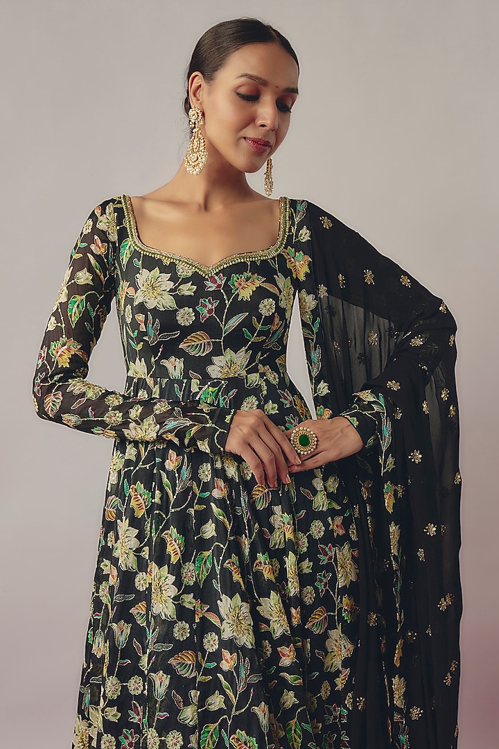 Black Chinon Hand Embroidered Wedding Anarkali Set by Krishna Padia at Pernia's Pop Up Shop