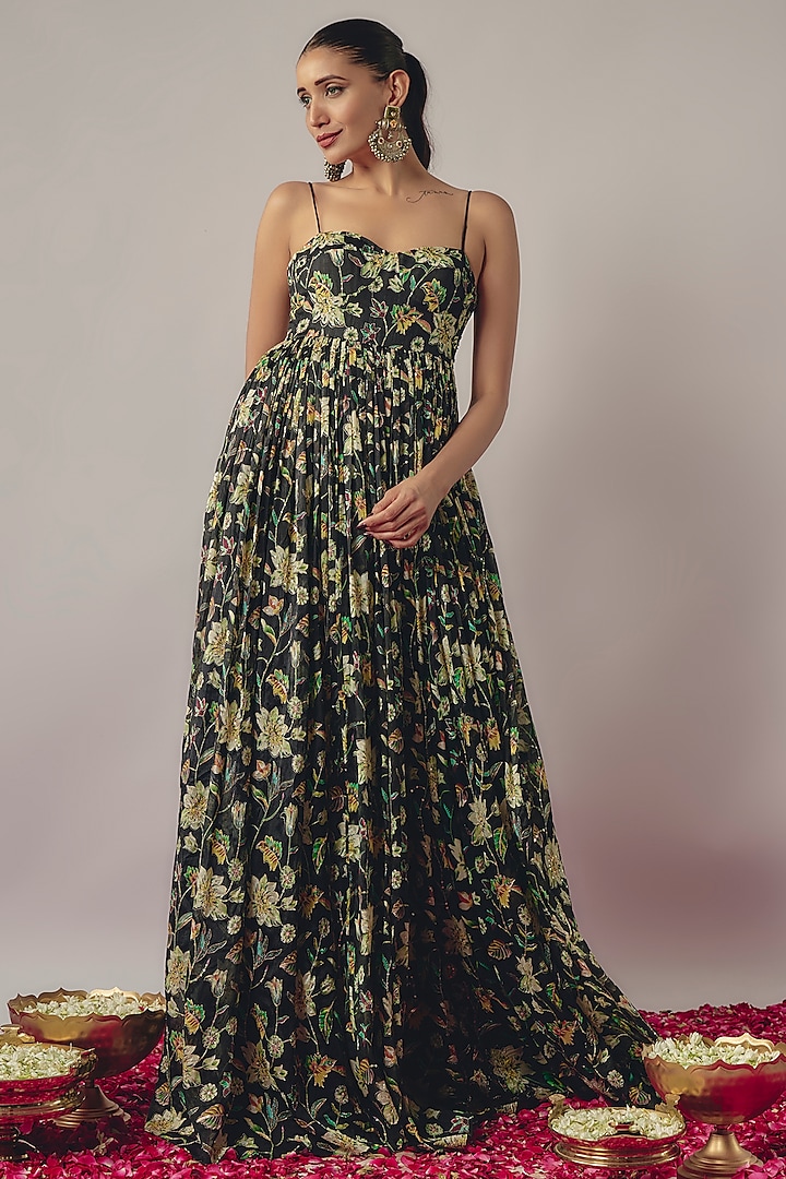 Black Chinon Hand Embellished Gown by WILDFLOWER BY KRISHNA