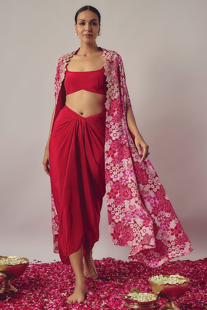Pink Crepe Floral Printed & Embroidered Cape Set by WILDFLOWER BY KRISHNA