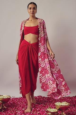 Pink Crepe Floral Printed & Embroidered Cape Set by Krishna Padia