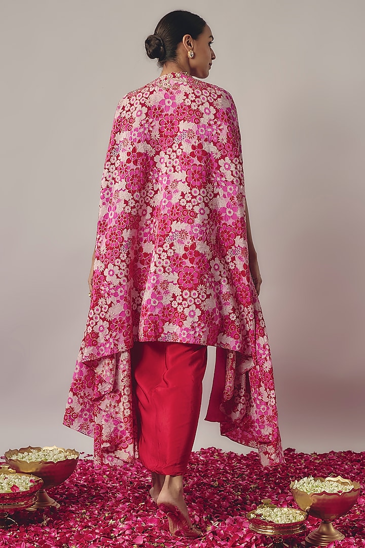 Pink Crepe Floral Printed & Embroidered Cape Set by Krishna Padia at Pernia's Pop Up Shop