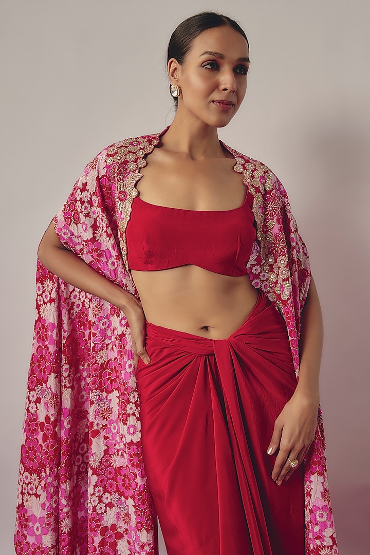Pink Crepe Floral Printed & Embroidered Cape Set by Krishna Padia at Pernia's Pop Up Shop