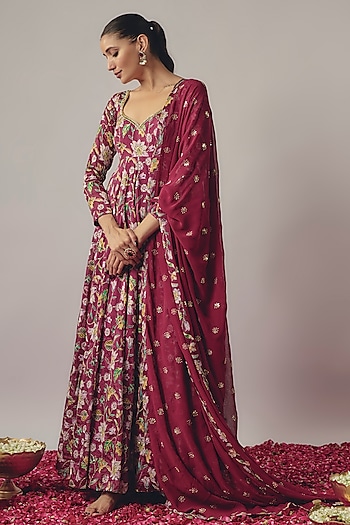 Magenta Chinon Hand Embroidered Wedding Anarkali Set by Krishna Padia at Pernia's Pop Up Shop