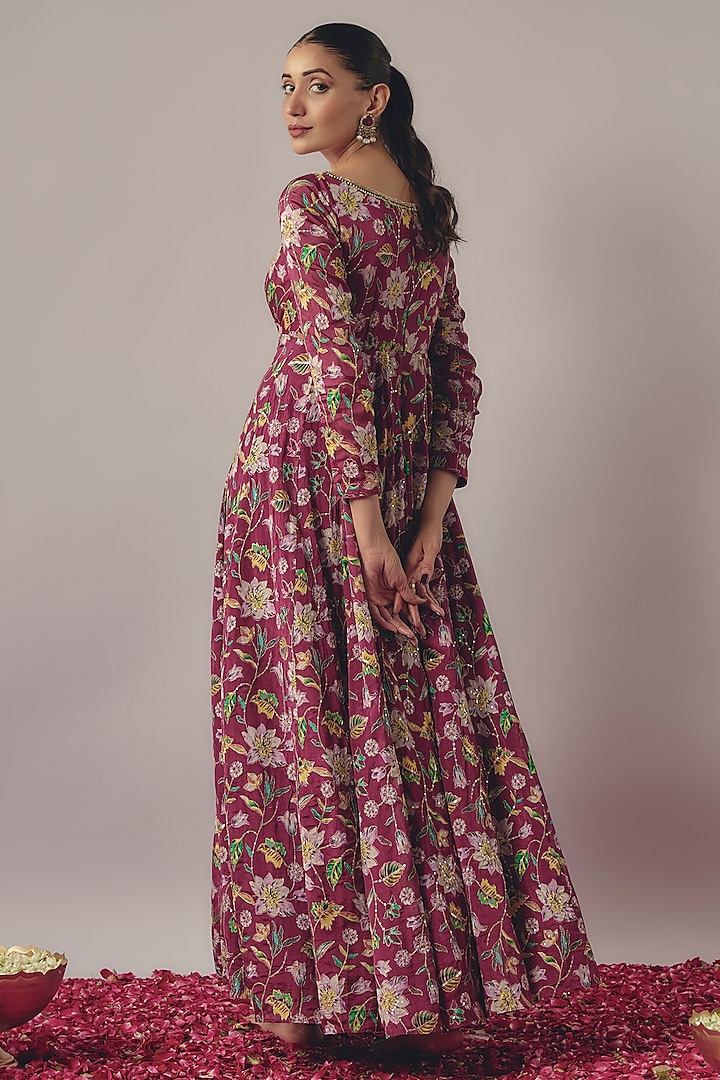 Magenta Chinon Hand Embroidered Wedding Anarkali Set by Krishna Padia at Pernia's Pop Up Shop