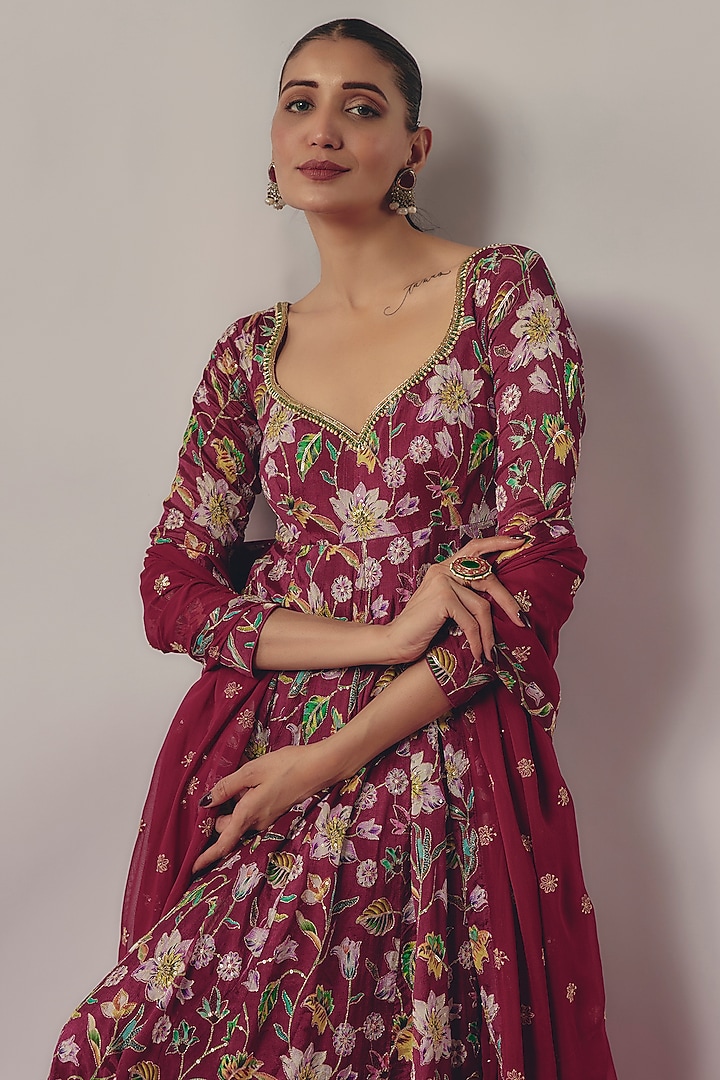 Magenta Chinon Hand Embroidered Wedding Anarkali Set by Krishna Padia at Pernia's Pop Up Shop