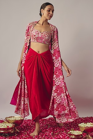 Pink Crepe Floral Printed Cape Set by Krishna Padia