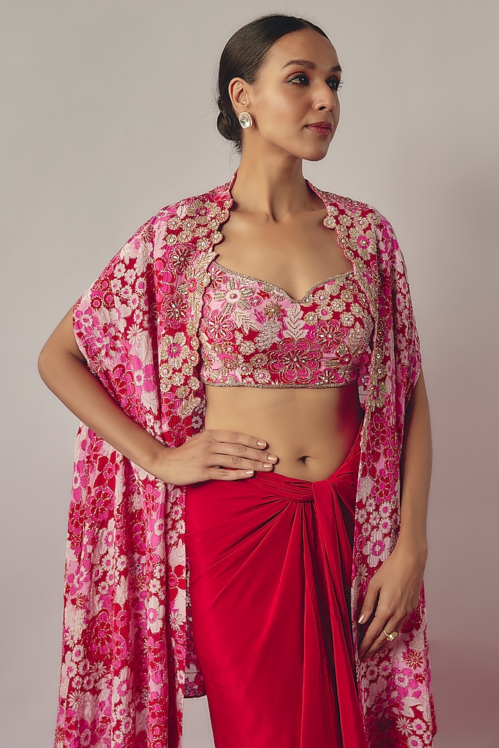 Pink Crepe Floral Printed Cape Set by Krishna Padia at Pernia's Pop Up Shop