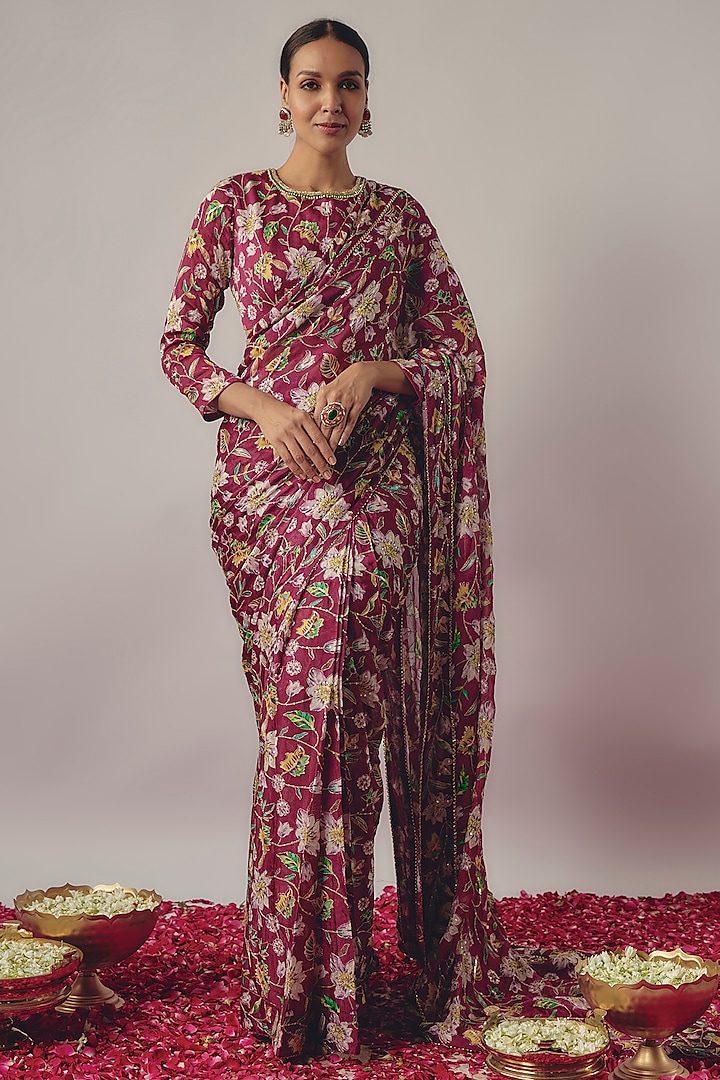 Magenta Chinon Silk Printed & Embroidered Pre-Draped Saree Set by WILDFLOWER BY KRISHNA