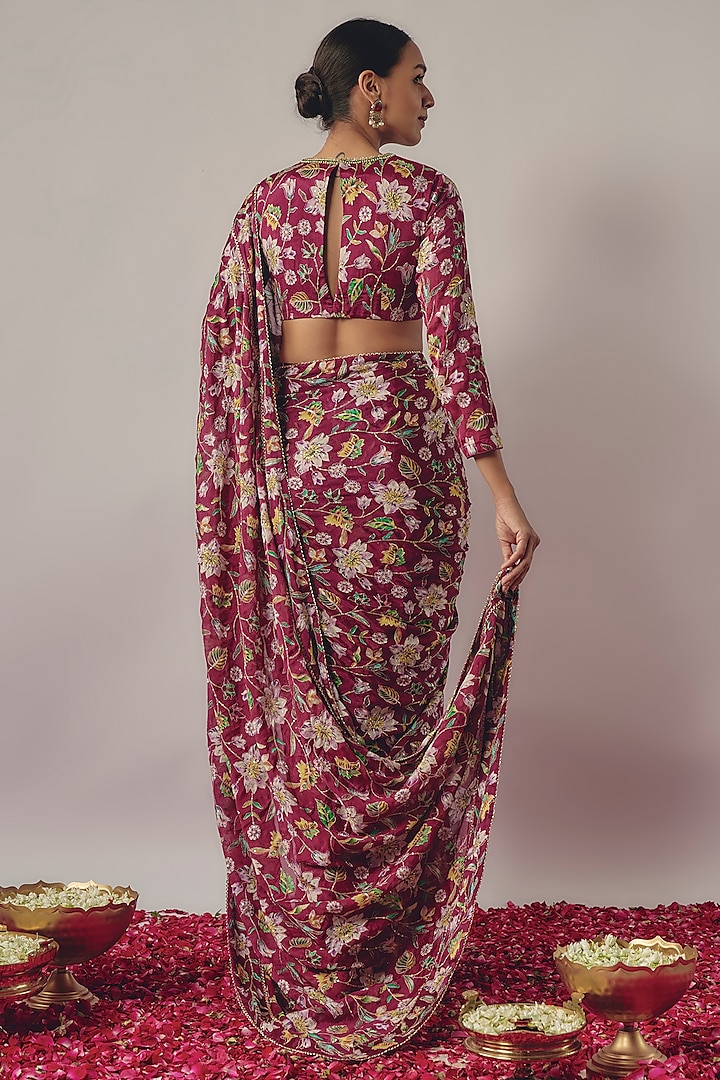 Magenta Chinon Silk Printed & Embroidered Pre-Draped Party Wear Saree Set by Krishna Padia at Pernia's Pop Up Shop