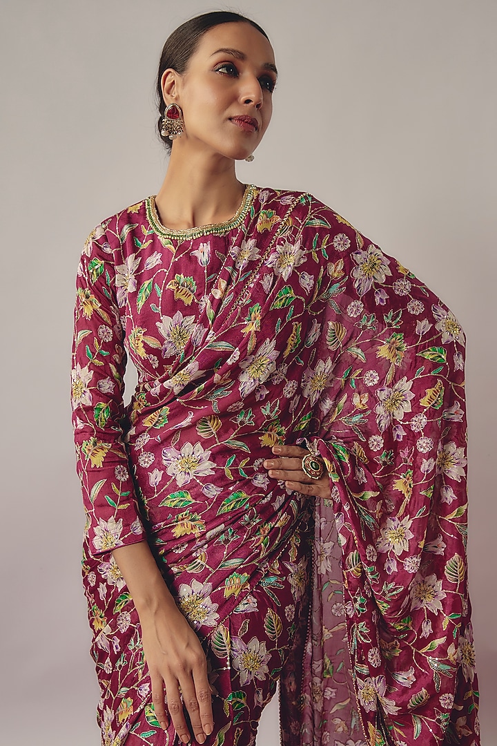 Magenta Chinon Silk Printed & Embroidered Pre-Draped Party Wear Saree Set by Krishna Padia at Pernia's Pop Up Shop