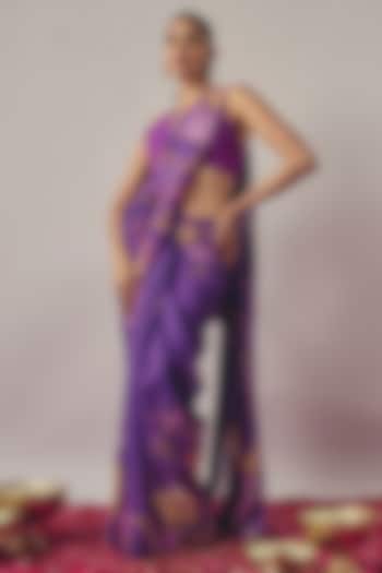 Purple Organza Printed & Embroidered Pre-Draped Saree Set by WILDFLOWER BY KRISHNA