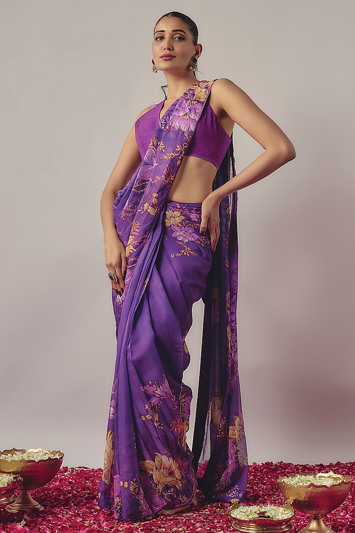 Purple Organza Printed & Embroidered Pre-Draped Saree Set by WILDFLOWER BY KRISHNA