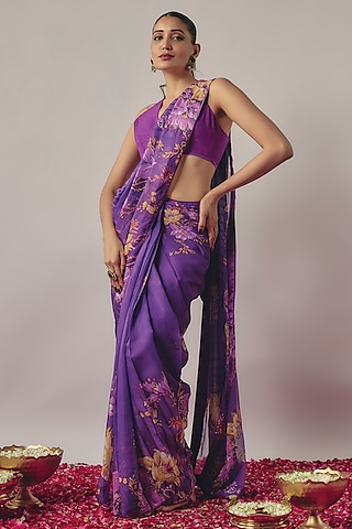 Purple Organza Printed & Embroidered Pre-Draped Saree Set by Krishna Padia