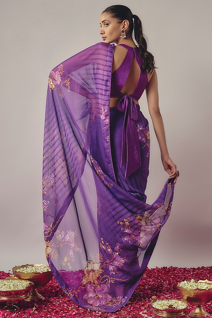 Purple Organza Printed & Embroidered Pre-Draped Party Wear Saree Set by Krishna Padia at Pernia's Pop Up Shop