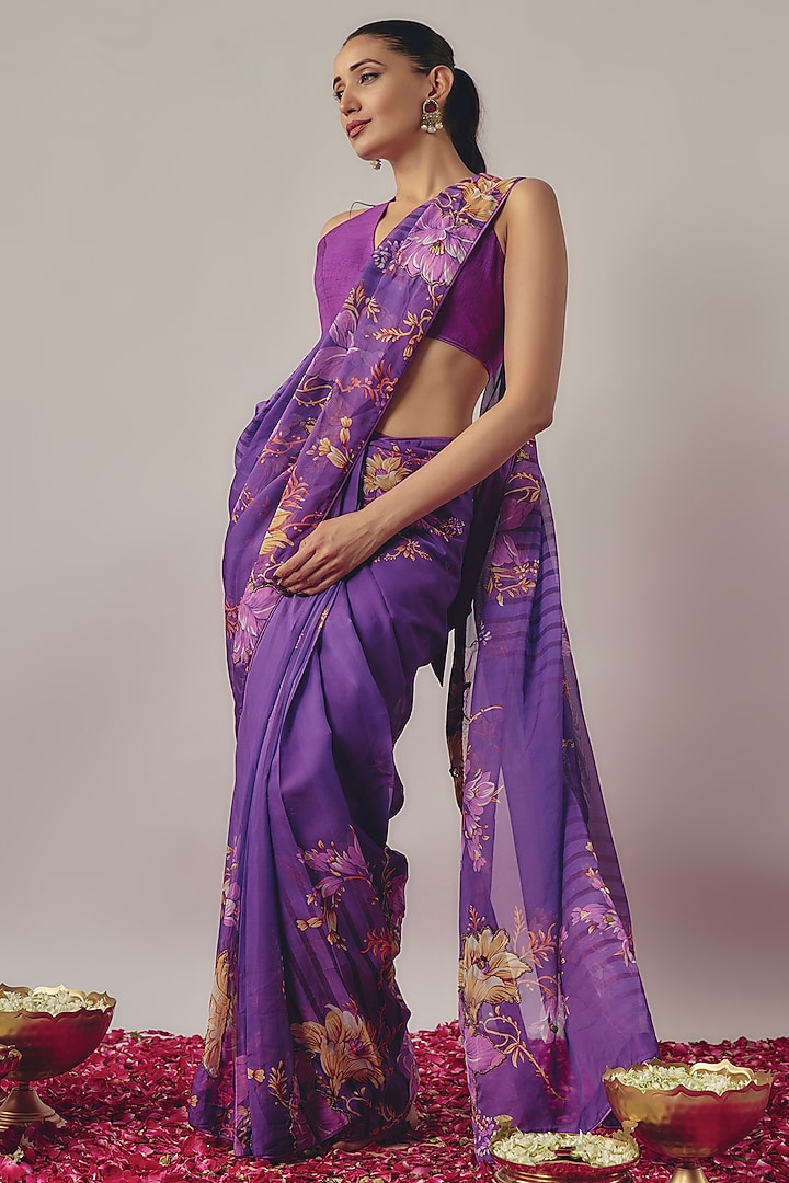Purple Organza Printed & Embroidered Pre-Draped Party Wear Saree Set by Krishna Padia at Pernia's Pop Up Shop