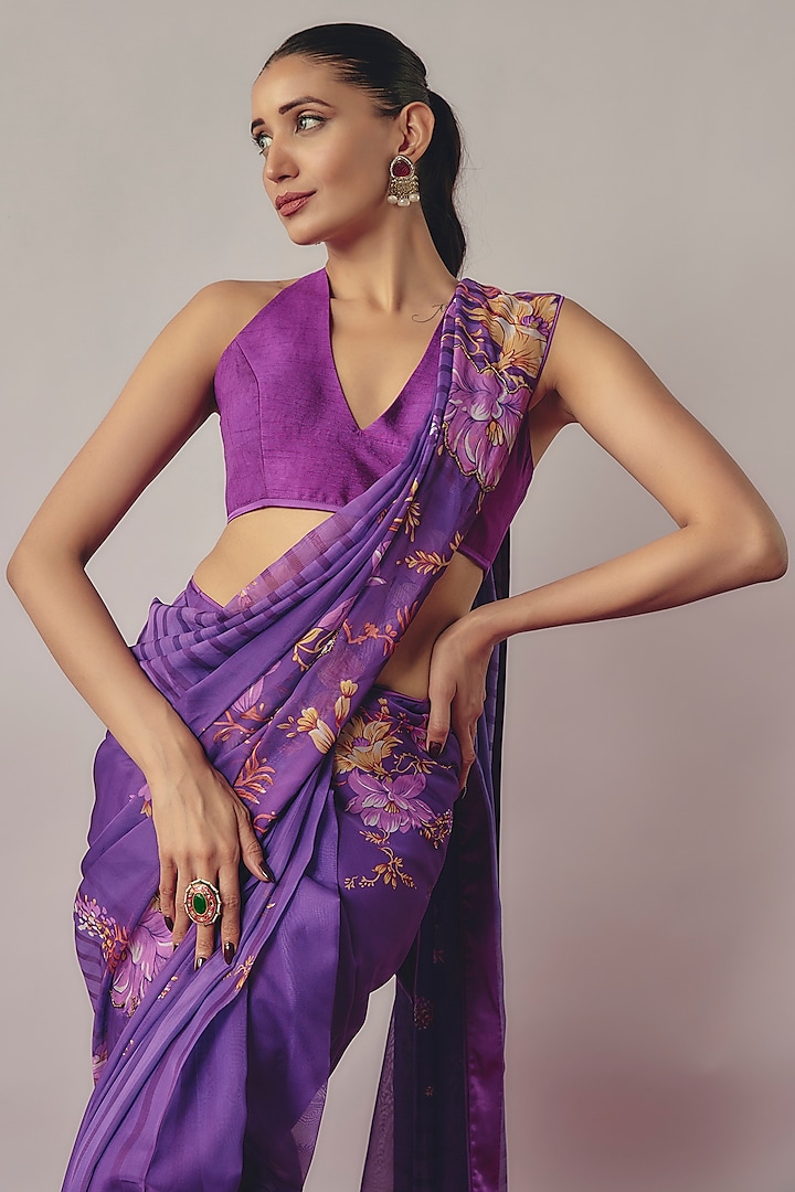 Purple Organza Printed & Embroidered Pre-Draped Party Wear Saree Set by Krishna Padia at Pernia's Pop Up Shop