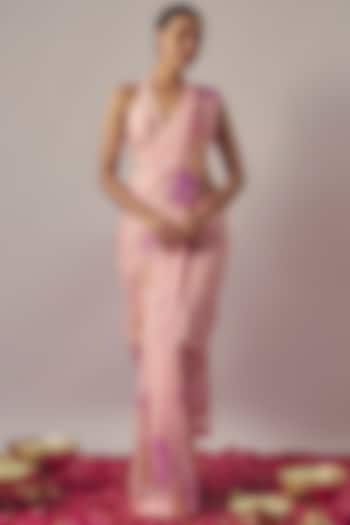 Baby Pink Organza Printed & Embroidered Pre-Draped Saree Set by WILDFLOWER BY KRISHNA