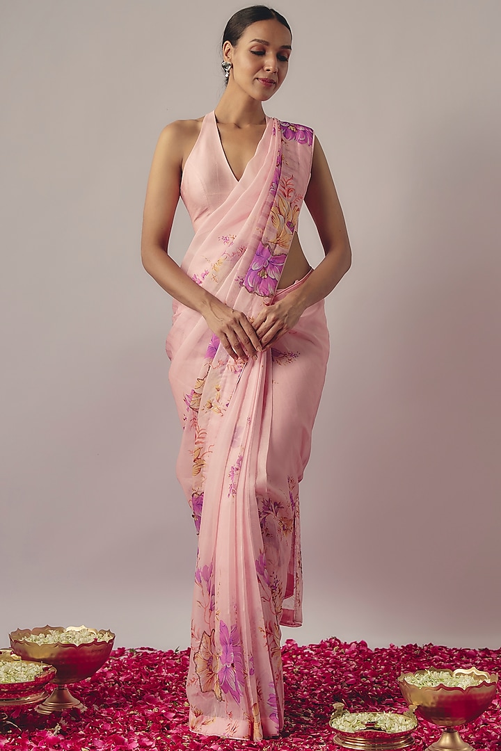 Baby Pink Organza Printed & Embroidered Pre-Draped Saree Set by WILDFLOWER BY KRISHNA