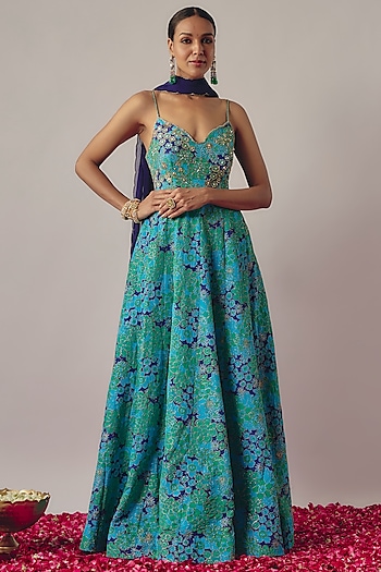 Blue Crepe Printed & Embroidered Wedding Anarkali Set by Krishna Padia at Pernia's Pop Up Shop