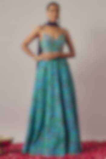 Blue Crepe Printed & Embroidered Anarkali Set by WILDFLOWER BY KRISHNA