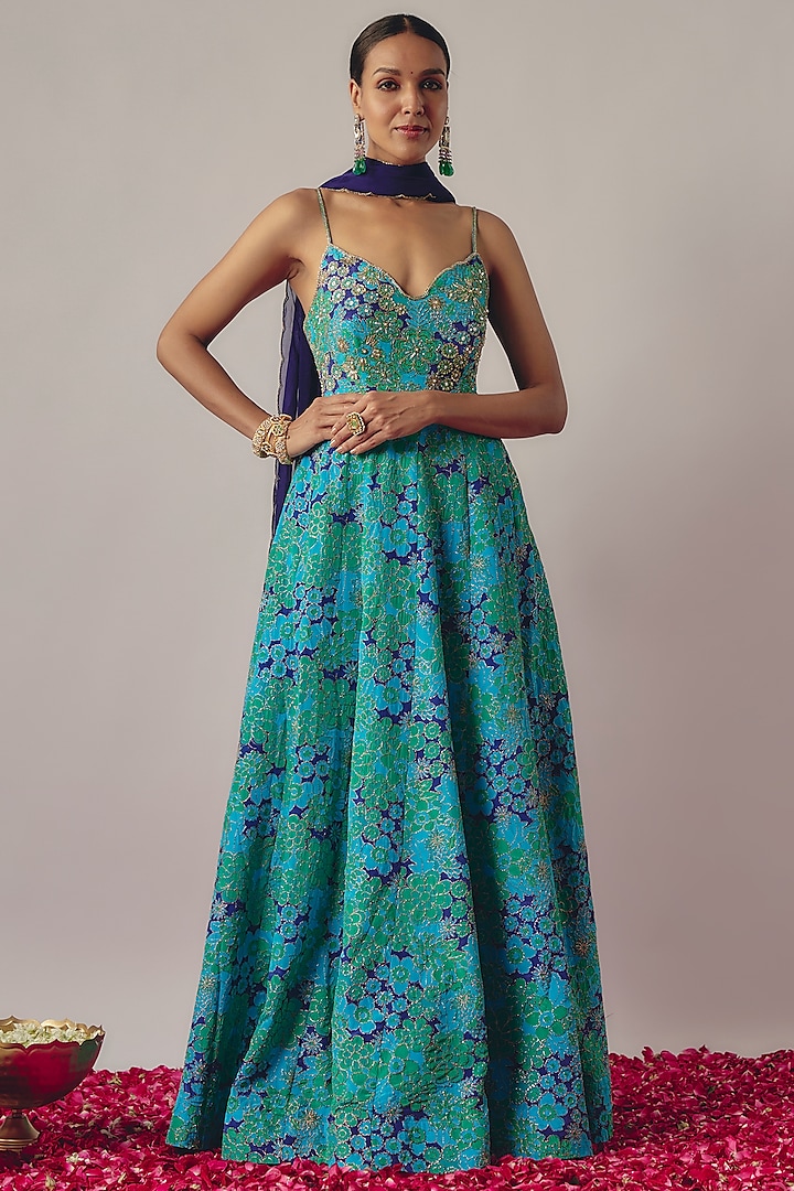 Blue Crepe Printed & Embroidered Anarkali Set by WILDFLOWER BY KRISHNA