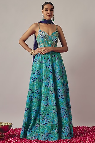 Blue Crepe Printed & Embroidered Anarkali Set by Krishna Padia