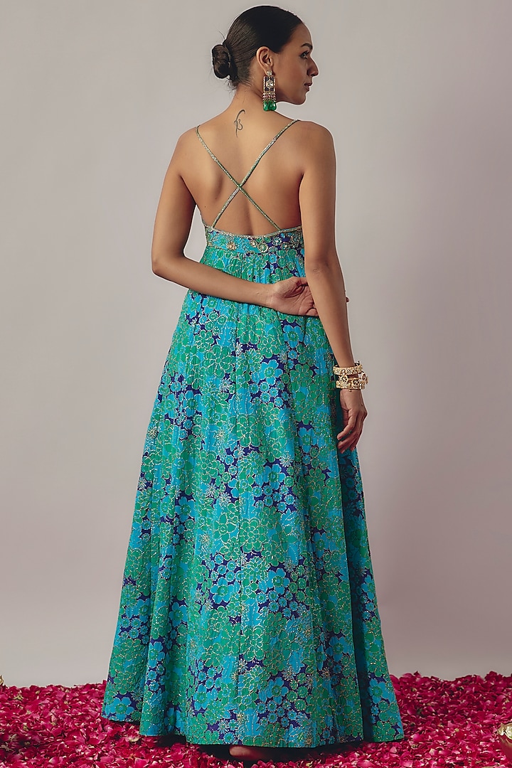 Blue Crepe Printed & Embroidered Wedding Anarkali Set by Krishna Padia at Pernia's Pop Up Shop