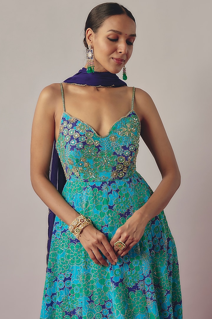 Blue Crepe Printed & Embroidered Wedding Anarkali Set by Krishna Padia at Pernia's Pop Up Shop
