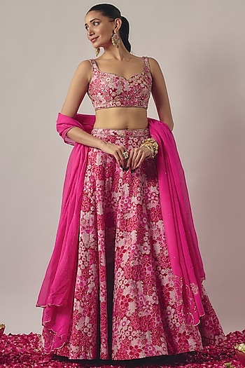 Pink Crepe Floral Printed Wedding Lehenga Set by Krishna Padia at Pernia's Pop Up Shop