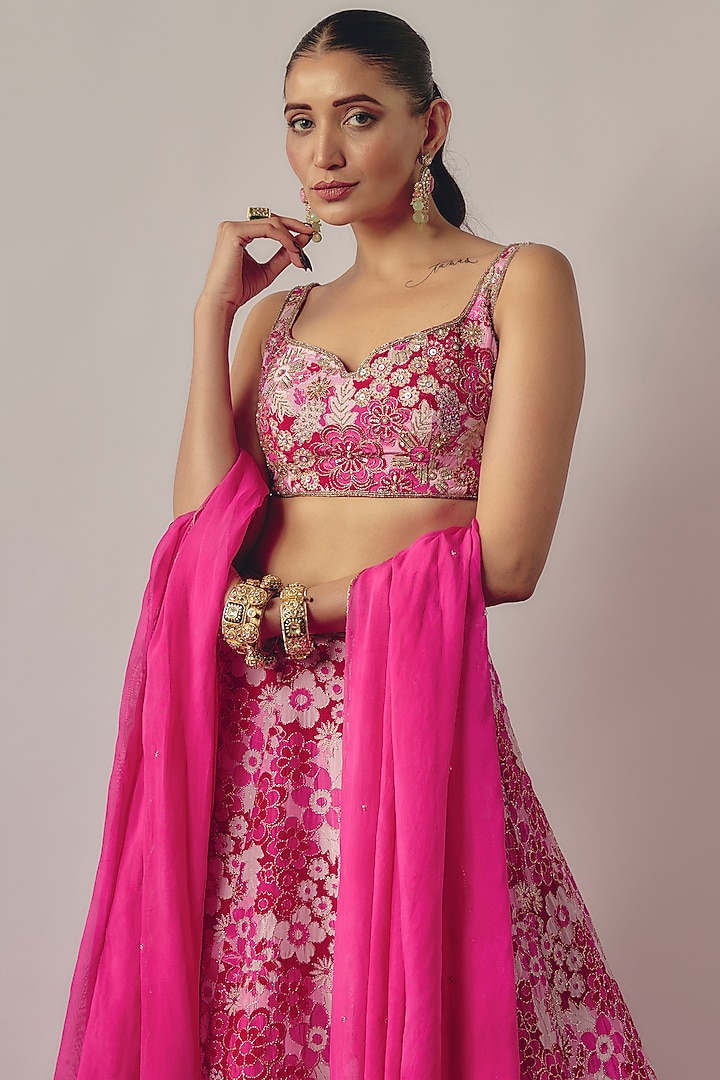 Pink Crepe Floral Printed Wedding Lehenga Set by Krishna Padia at Pernia's Pop Up Shop